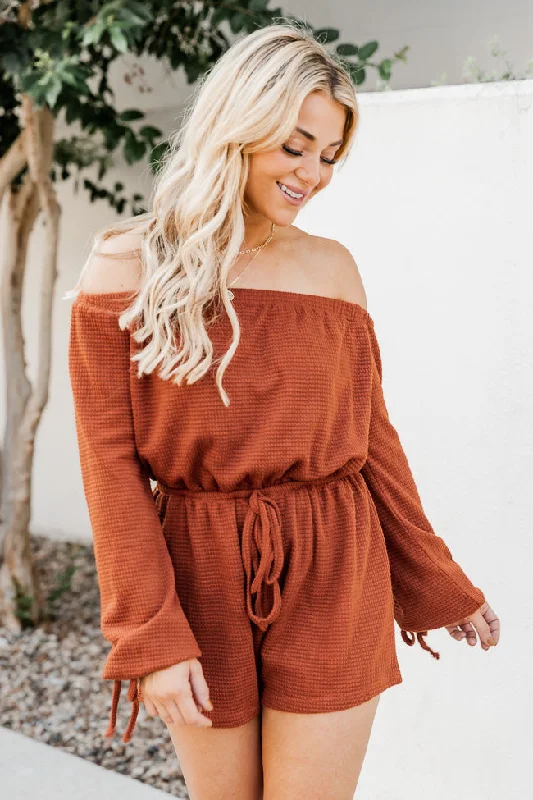 A Darling Day Rust Waffle Knit Off The Shoulder Romper FINAL SALE