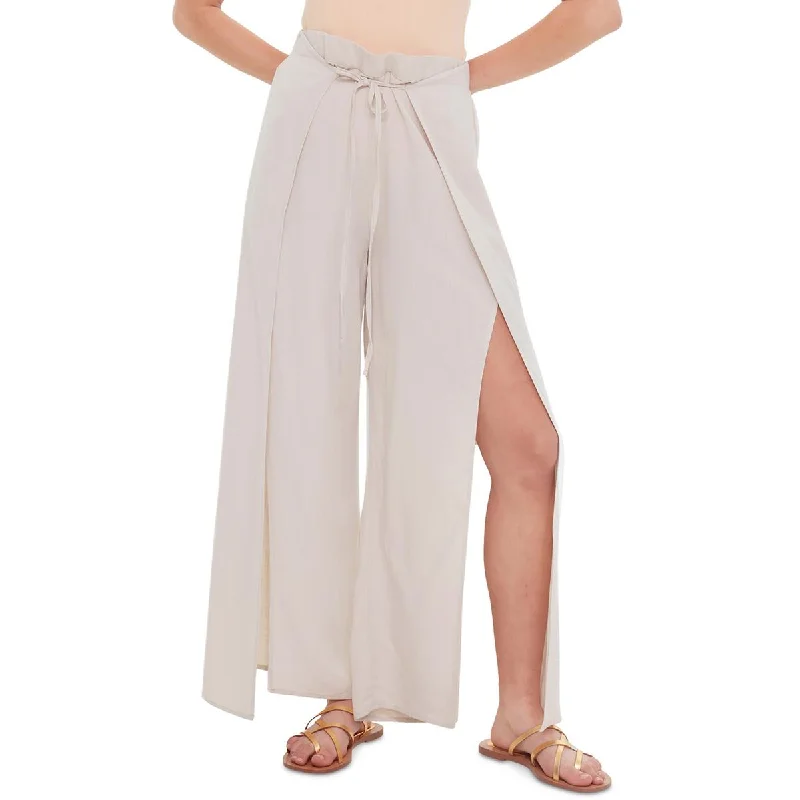 Black Tape_ Womens Tie Front Side Slit Wide Leg Pants Relaxed High-Waist Trousers