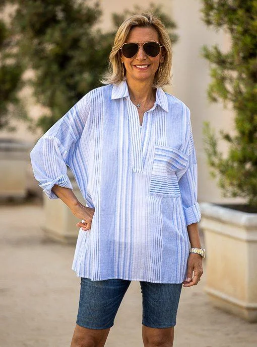 Blue White Multi Stripe Oversized Shirt Hooded Caped Shawl Collar