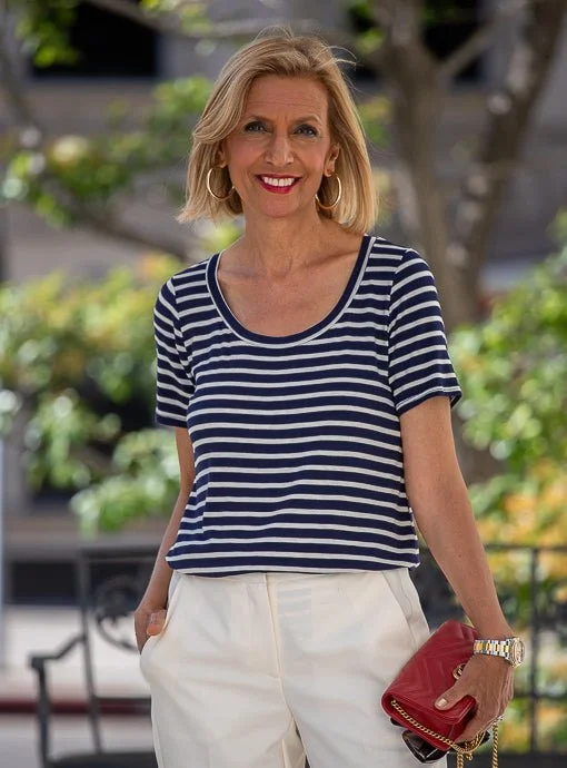 Navy Ivory Stripe Scoop Neck Short Sleeve Top Nylon Fabric Polyester Fabric Spandex Fabric