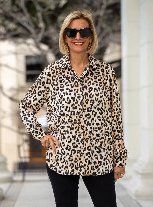 Tan Black Leopard Print Button Down Shirt