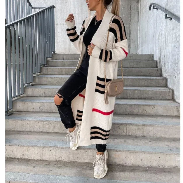 Autumn Winter Long Cardigan Striped Women Knitted Sweater Coat