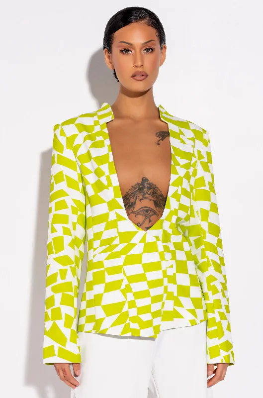 CHECKERED LIME OPEN CHEST BLAZER