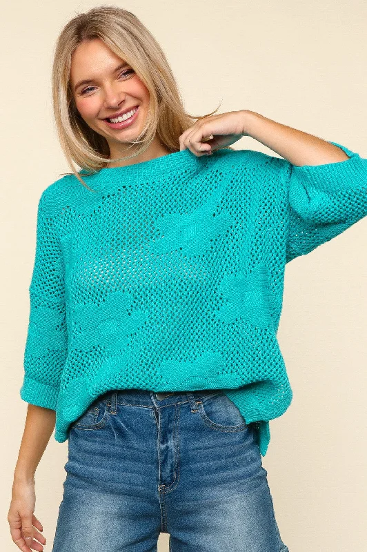 PLUS FLORAL CROCHET SWEATER KNIT WITH SIDE SLIT Long Hooded Anorak