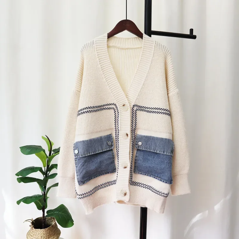 Women  Loose Stitching Denim Knit Cardigan Fitted Loose Oversized