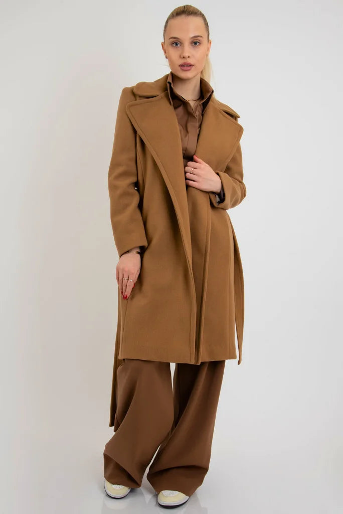 Women's Camel Brown Belted Long Coat, Fashionable Coat for Winter Trapeze Tunic Caftan Women's Camel Brown Belted Long Coat, Fashionable Coat for Winter Trapeze Tunic Caftan
