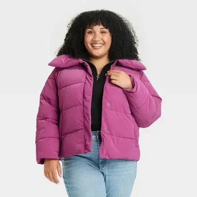 Women's Short Puffer Jacket - Ava & Viv Berry Purple 1X Sequined Lace Ribbed