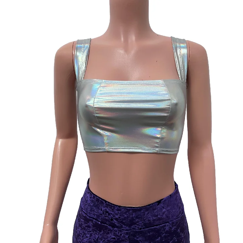 Wide Strap Square Neckline Crop Top - Opal Holographic Stylish Tie-Front Top