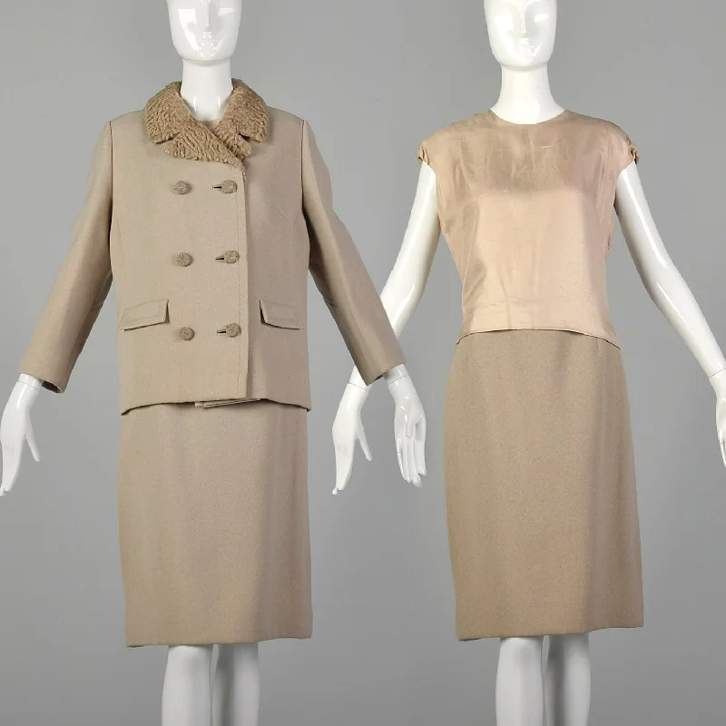 Medium 1960s Tan Three Piece Wool Skirt Suit