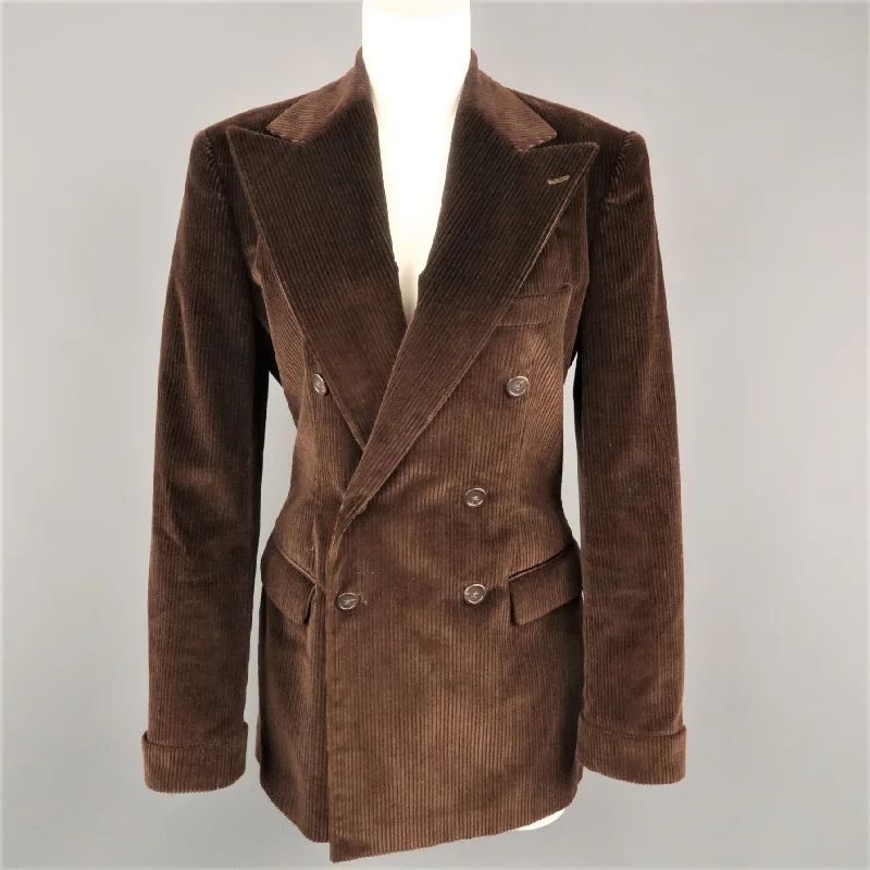 RALPH LAUREN Size 8 Brown Corduroy Double Breasted Peak Lapel Jacket