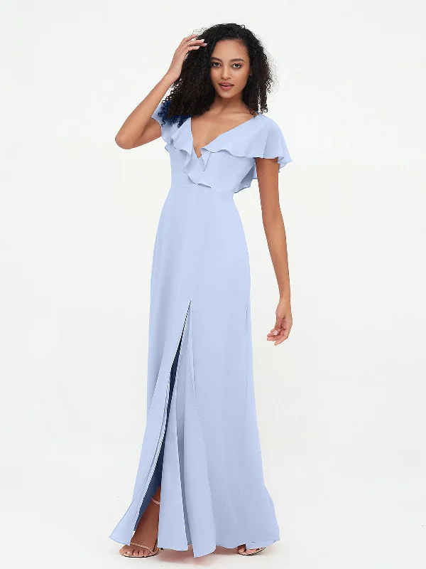 A-line V-neck Chiffon Dresses with Pockets-Sky Blue