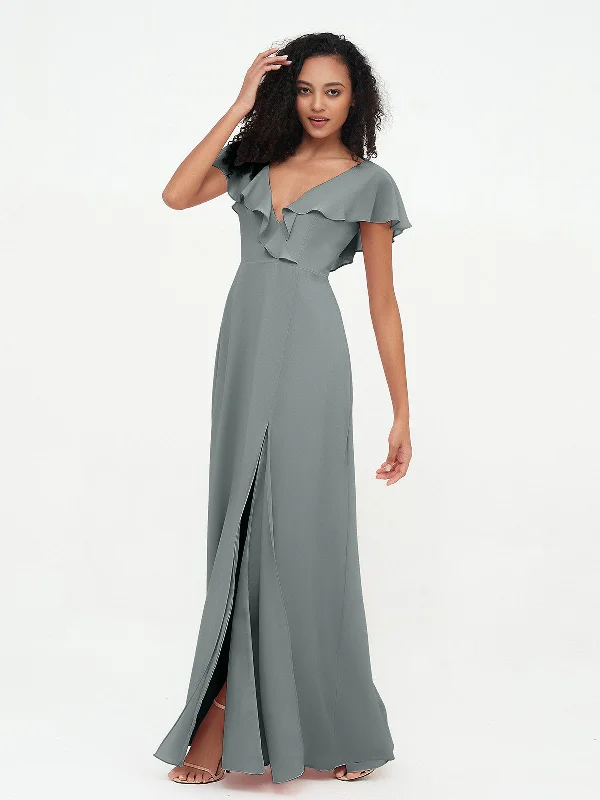 A-line V-neck Chiffon Dresses with Pockets-Steel Grey