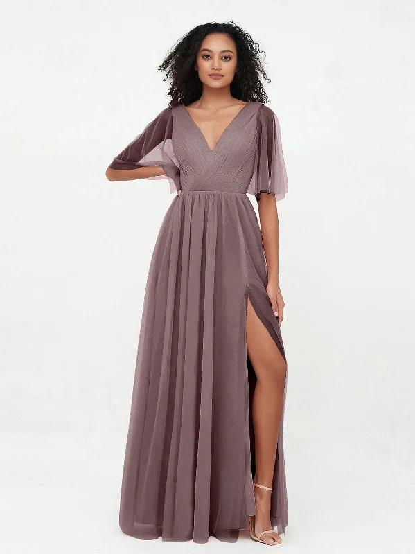 A-line V-neck Tulle Max Dresses with Deep-V Back-Vintage Mauve
