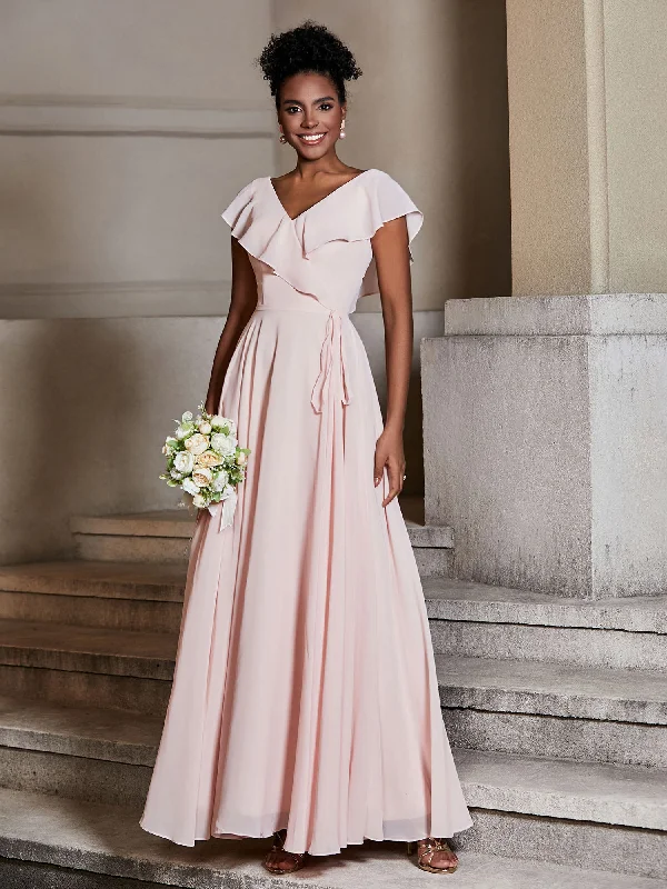 V neck Chiffon Dresses with Cap Sleeves Pearl Pink