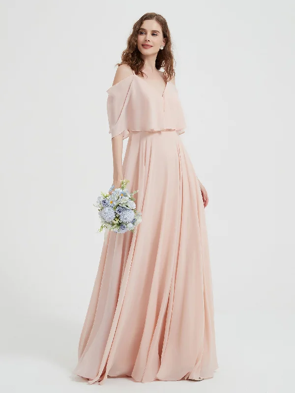 Ruffles Sleeves Spaghetti Strap Chiffon Dresses Pearl Pink