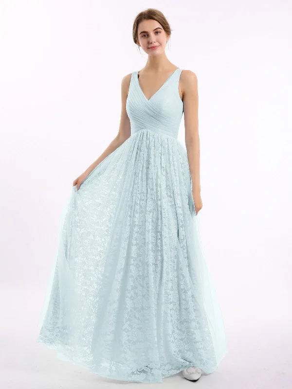 V neck Lace Lining And Tulle Dresses Mist