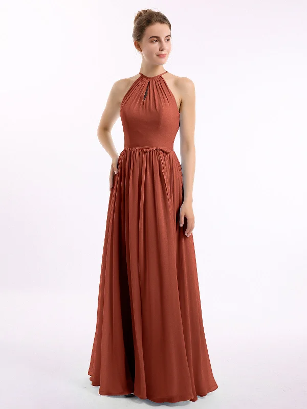 Long Halter Chiffon Dresses with Open Back Rust