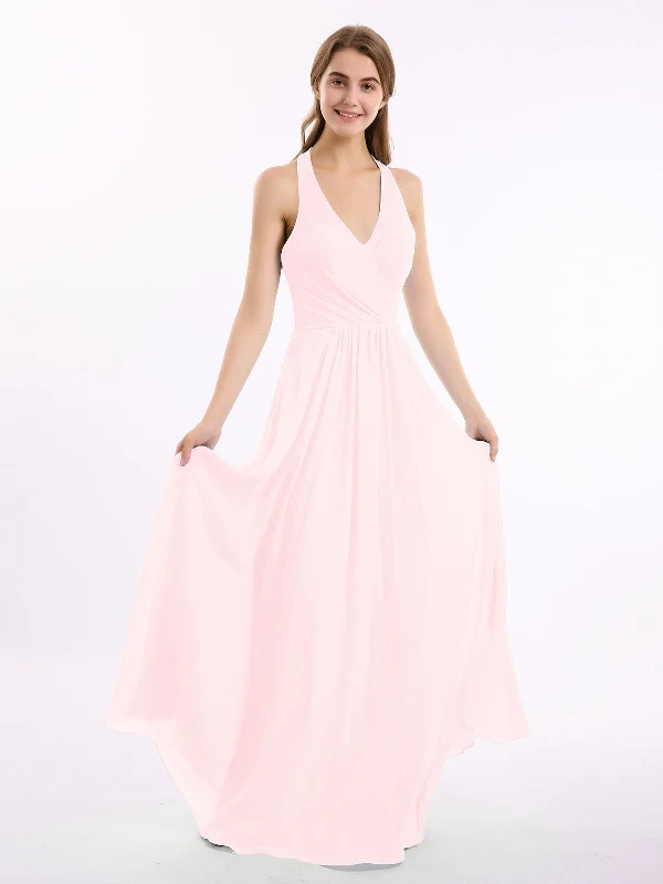 V Neckline Chiffon Dress with Bow Straps Blushing Pink