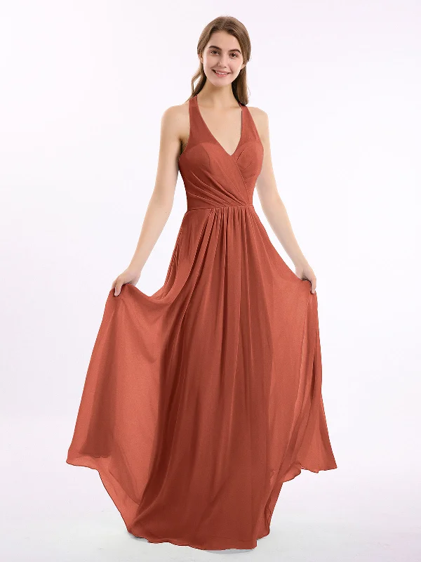 V Neckline Chiffon Dress with Bow Straps Rust