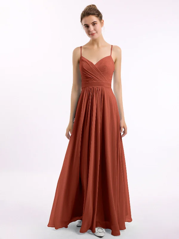 Spaghetti Straps Chiffon Dress with Sweetheart Neck Rust