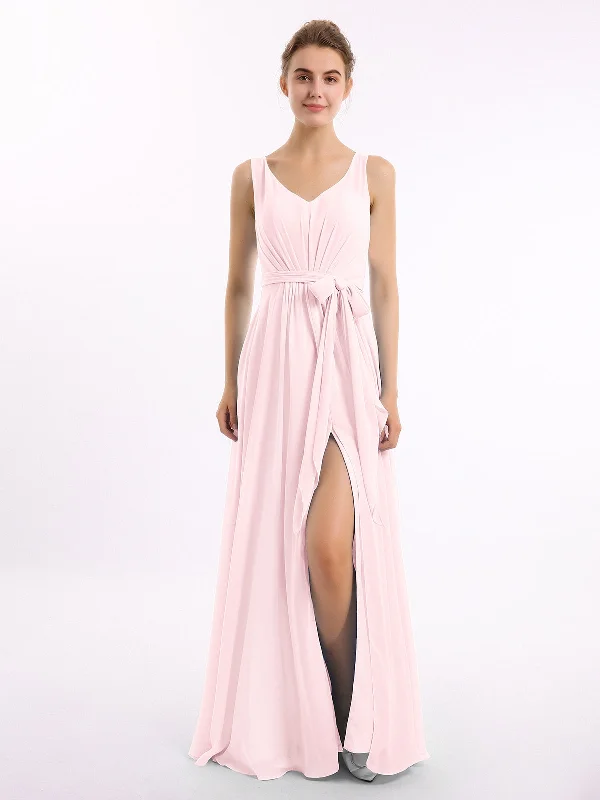 V neck Chiffon Bow Sash Gowns with Split Blushing Pink