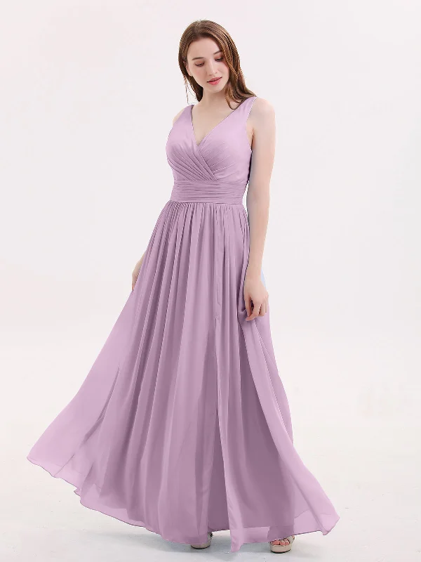 Double Beaded Strap Chiffon Dress with V Neck Wisteria