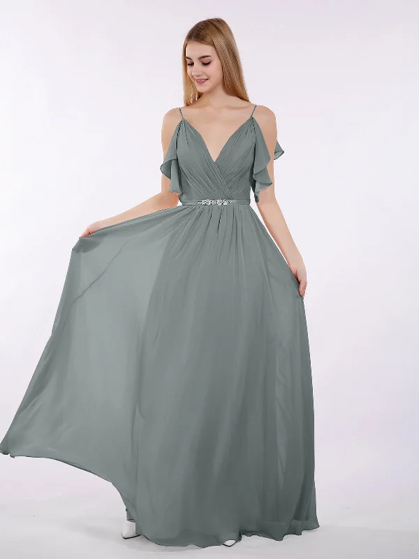 Spaghetti Strap Chiffon Dress with V-neck-Steel Grey