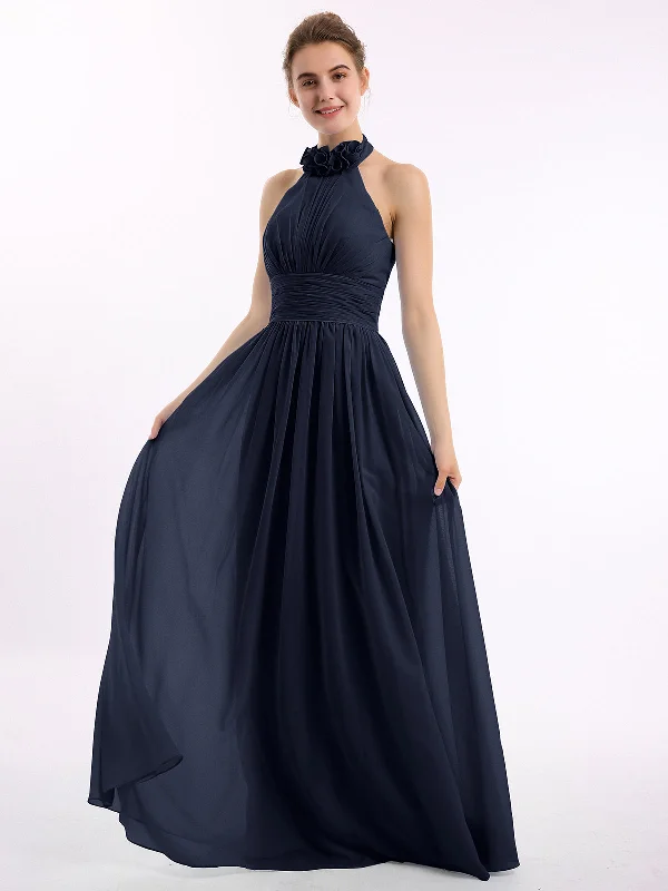 Halter Chiffon Full Length Dress with Flowers-Dark Navy