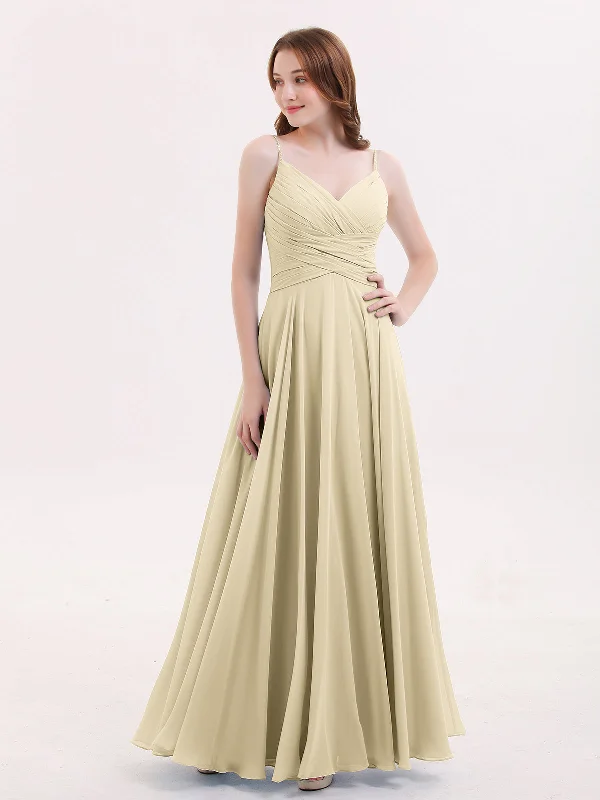Spaghetti Strap Chiffon Dress with V Neck-Champagne