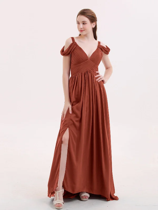 Deep V Neck Sexy Chiffon Dress with Slit-Rust