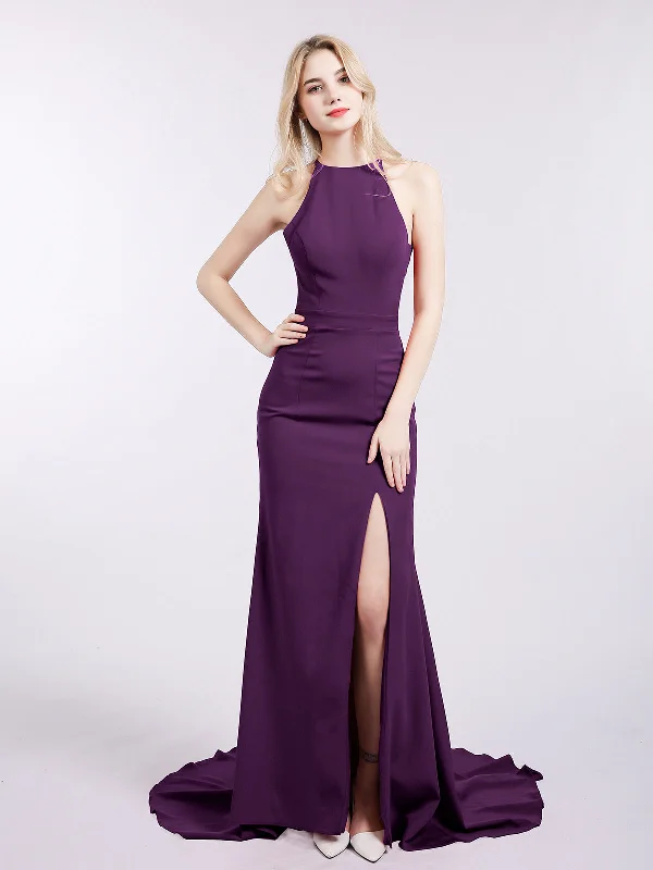 Halter Mermaid Jersy Gown with Slit-Grape