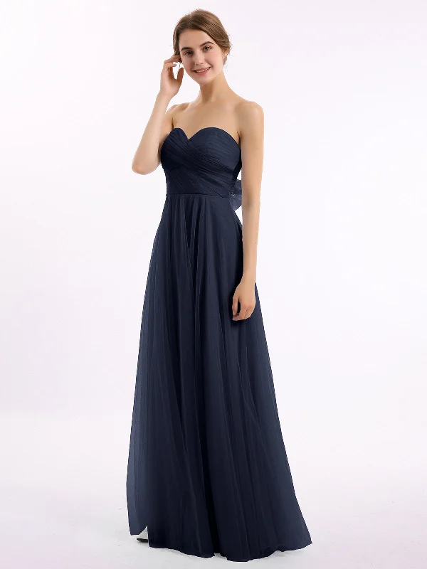 Sweetheart Strapless Neck Tulle Dresses with Bow-Dark Navy