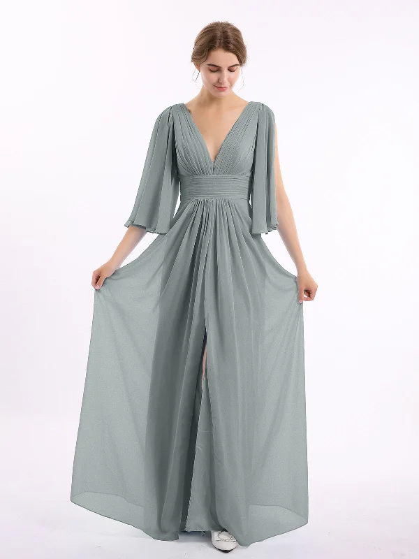 Deep V-neck Chiffon Dresses with Slit Steel Grey