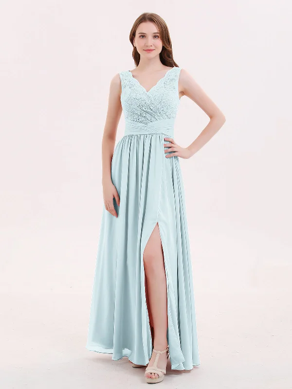 V Neck Chiffon And Lace Dress with Slit Mist