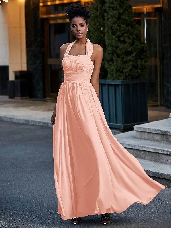 Halter Chiffon Dresses with Cascade Skirt-Coral
