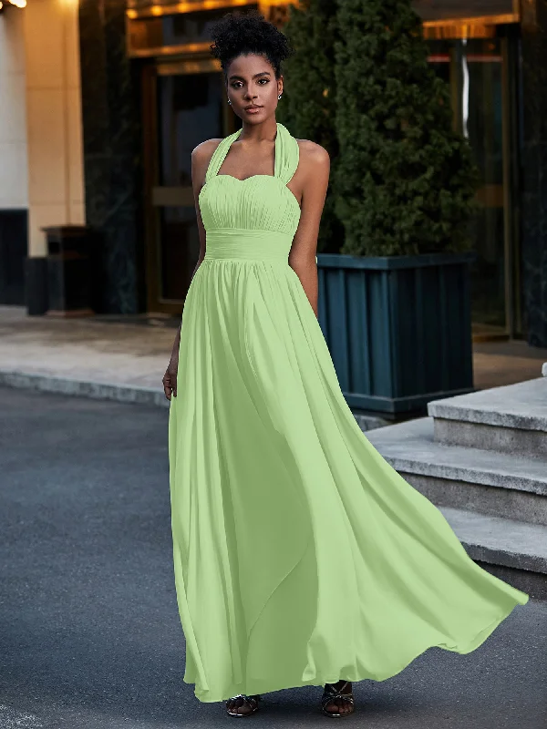 Halter Chiffon Dresses with Cascade Skirt-Sage