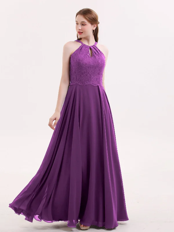 Lace and Chiffon Halter Dress with Open Back-Grape