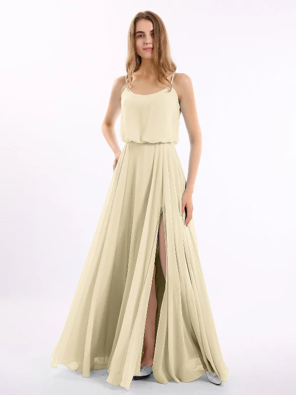 Spaghetti Strap Scoop Chiffon Dresses with Slit Champagne