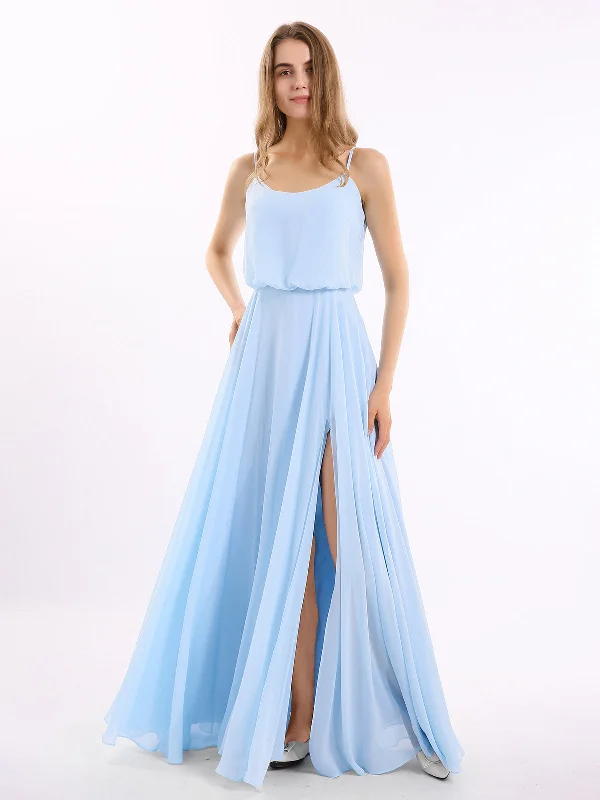 Spaghetti Strap Scoop Chiffon Dresses with Slit Sky Blue