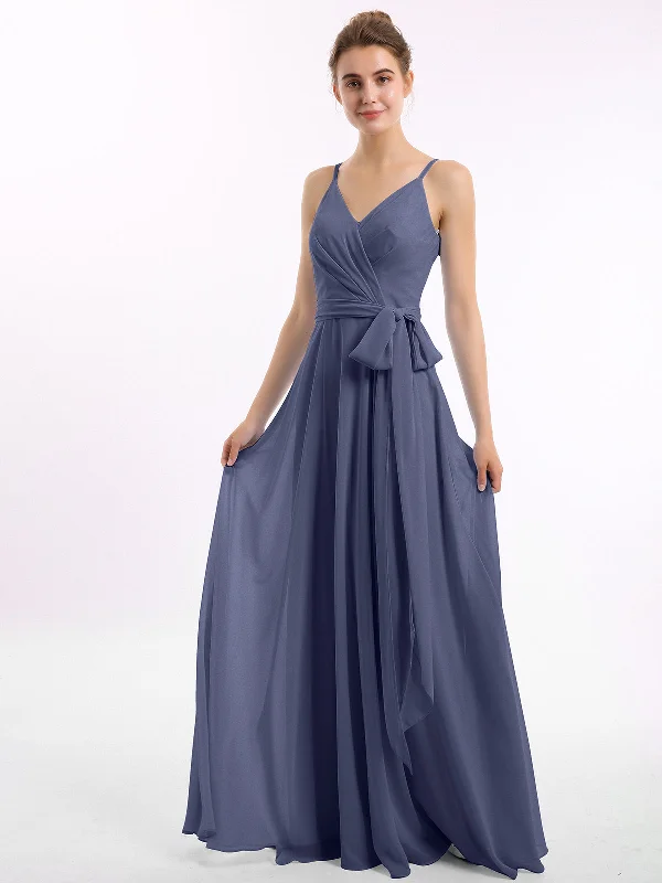 Spaghetti Strap Chiffon Dresses with Sash Bow-Stormy