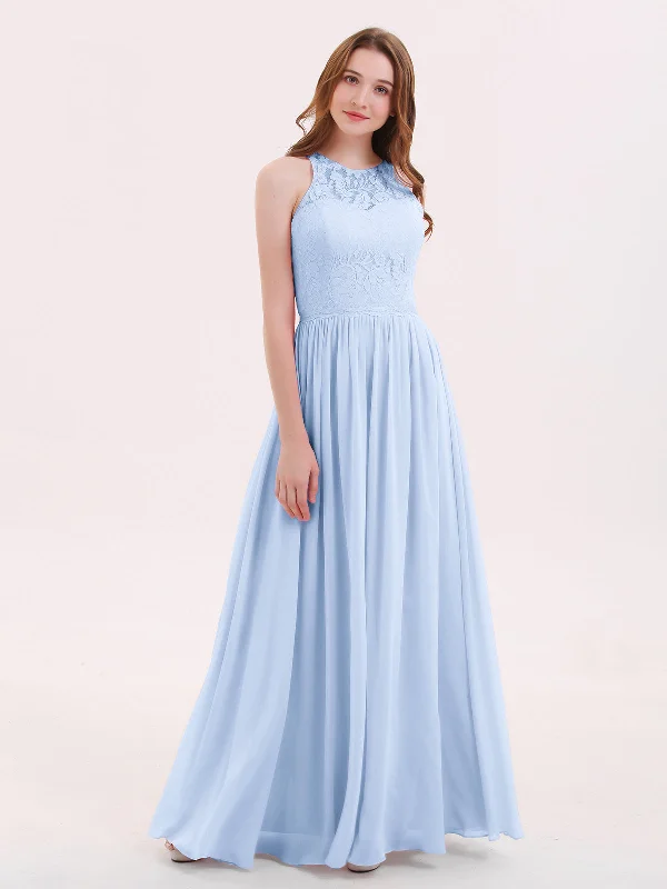 Long Lace Dress with Illusion Sweetheart Neck-Sky Blue