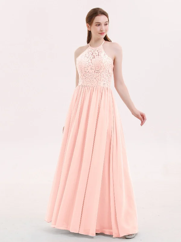 Halter Long Gown with Lace Bodice-Pearl Pink