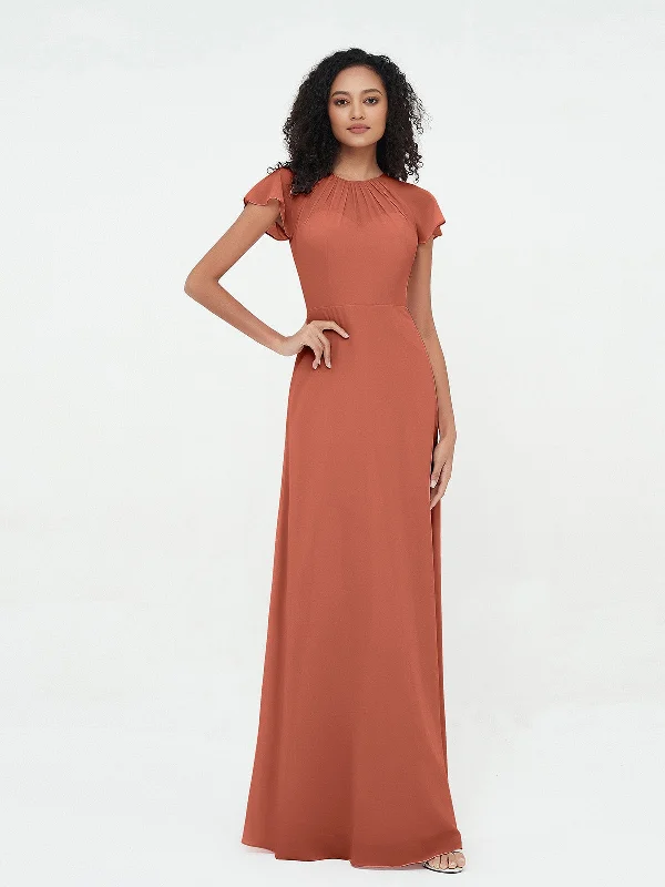 Illusion Neckline Chiffon Dresses with Cap Sleeves-Rust