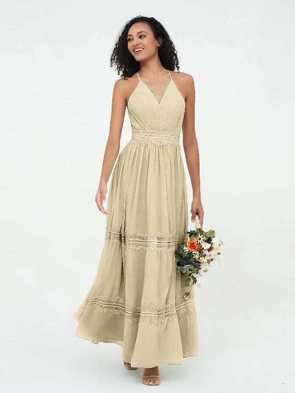 Lace and Chiffon Tiered Skirt Boho Dresses-Champagne