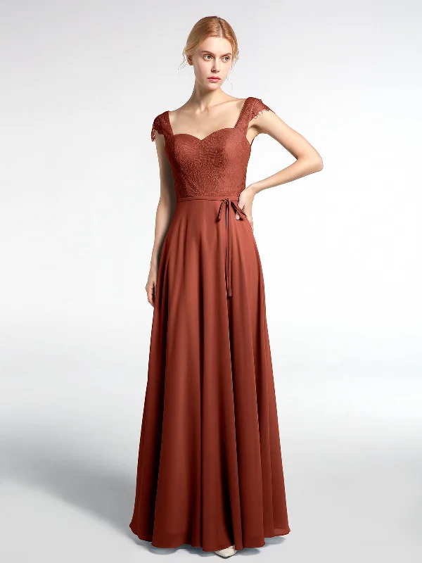 Lace Bodice Chiffon Skirt Dress with Cap Sleeves-Rust