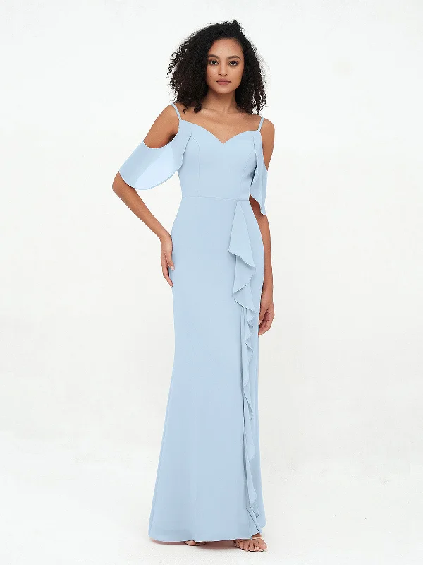 Spaghetti Straps Cloumn Dresses with Slit-Sky Blue