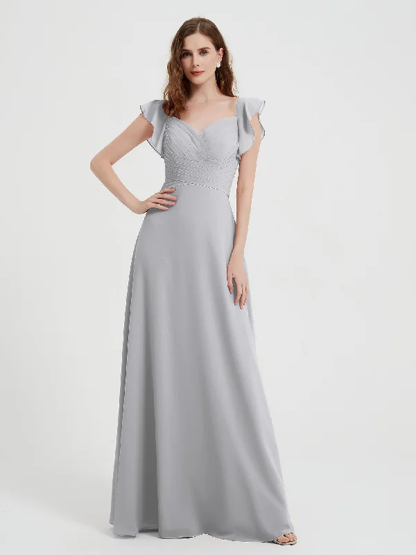 Sweetheart Flutter Sleeves Chiffon Dress Silver
